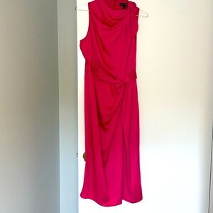 NWOT Banana republic hot pink silky bow gathered waist sleeveless midi dress s 4
